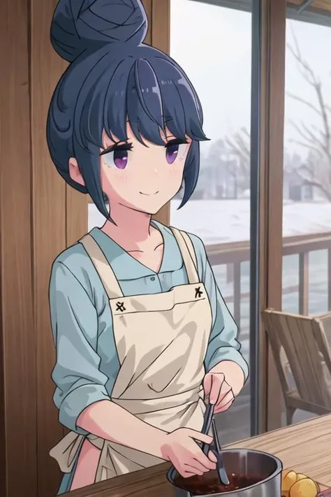 best quality, masterpiece, highres, solo, {shima_rin_yurucamp:1.15}, blue_hair, purple_eyes, closed_mouth, outdoors, single_hair_bun, hair_bun, 1girl, short_hair, smile, holding, apron, indoors, shirt, upper_body