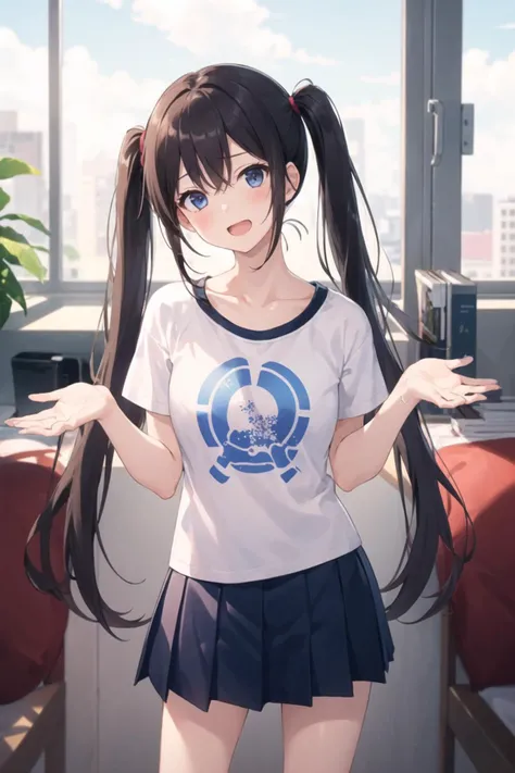 1girl, casual clothes, t-shirt, pleated skirt, twintails, long hair, short sleeves, standing, (:|:1.0), shrugging, hands up, bare arms, indoors, w arms, facing viewer, room, head tilt