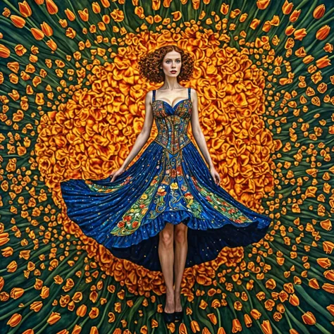 a painting of a woman in a blue dress standing in front of a flower pattern