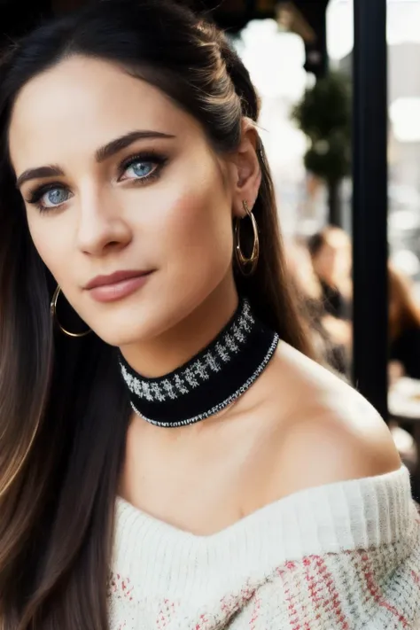 zoy piercing eyes, looking straight, very happy,long hair, wearing an off-shoulder sweater, choker, closeup portrait, in a outdoor cafe in 2015, afternoon light,  <lyco:ZoeyD-RealVision-V1.0:1.0>