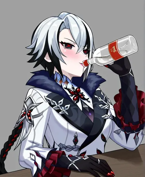 anime girl with white hair drinking from a bottle