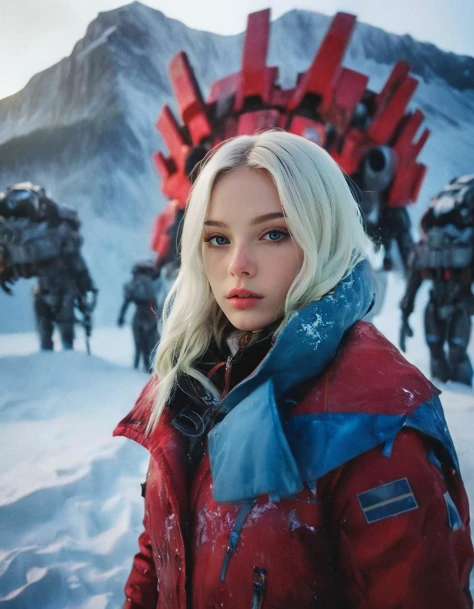 maxmonolith woman wearing a heavy winter mecha-armor amidst heavy machinery in an icy landscape with mountains in the background, creating a hyperpunk scene with desaturated dark red and blue details, colorful polaroid with vibrant colors, (small, vacation...