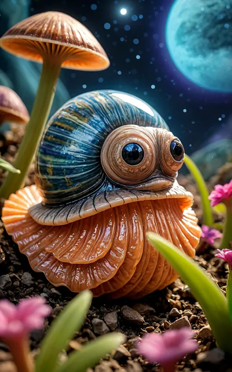 mysterious alien snail in the magic alien garden, nebula in the background, highly detailed, (loooong distance view), <lora:add-detail-xl:0.8>