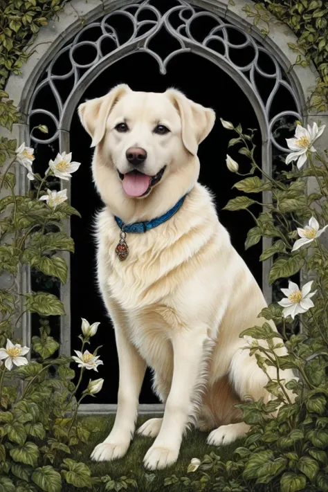 arafed dog sitting in a window surrounded by flowers