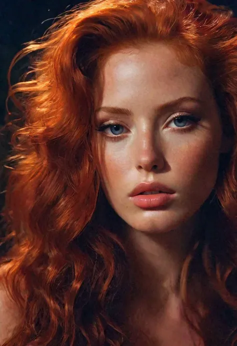 a close up of a woman with red hair and a black background