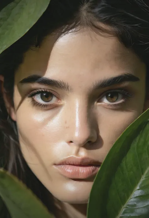 RAW photo of (Sofia Boutella:1.4), beautiful brown eyes, macro shot, masterpiece, peeking out from behind the leaves, colorful details, award winning, high detailed, 8k, natural lighting, analog film, detailed skin, amazing composition, intricate details, ...