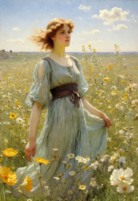 a painting of a woman in a field of flowers