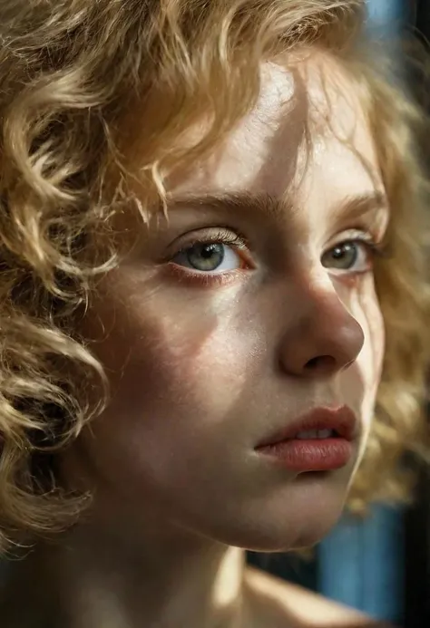 a close up of a young girl with a frizzy haircut