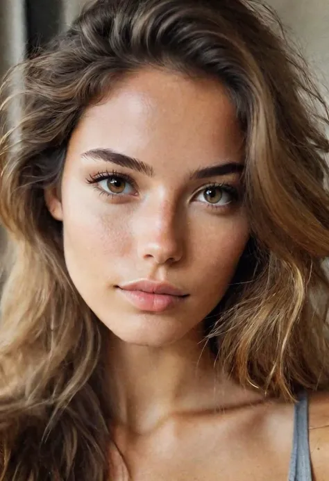 a close up of a woman with long hair and a tank top