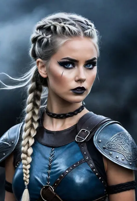 a scary viking warrior woman with dark makeup with hair in braids, three quarter view, in the style of dark silver and dark gray, scandinavian, leather/hide, strong facial expression, dark gray and blue, war photography, exaggerated facial features  ar 7...