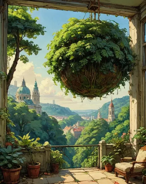 kokedama of a landscape of a Airy (Vienna:1.3) and College, vegetation and forest, Sun in the sky, art by Waterhouse, John Constable, Ed Blinkey, Atey Ghailan, Studio Ghibli, Jeremy Mann, Greg Manchess, Antonio Moro and makoto shinkai, Visual novel, soft l...