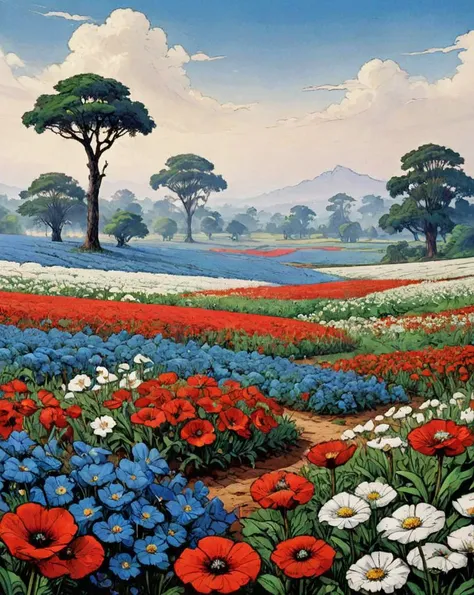 comics art by Greg Land, high contrast art, landscape of a Varied Absurd Royal Blue, White and Red (Lusaka:1.2) , flower field, Foggy conditions, Detailed illustration, 800mm lens, <lora:EldritchArt1.0:0.8>