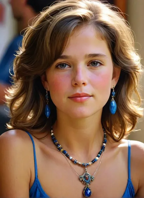 a close up of a woman wearing a blue dress and a necklace