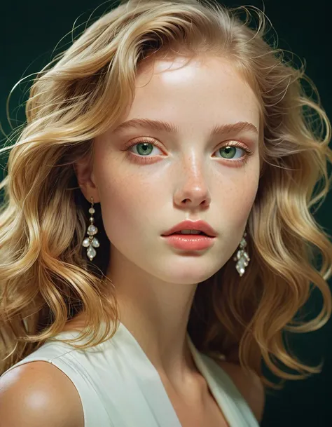 Admire the captivating beauty of a womans with lustrous hair cascading down her shoulders, close-up of head, framing her delicate features. Her notably pale green eyes sparkle with an ethereal allure, standing out against her porcelain-like complexion. Del...