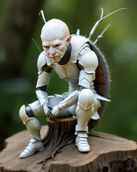 bald insect with goatee, white eyes, white plaster texture, sitting on tree stump,  elbow on knee, soft lighting, extreme detail, HD, sculpture, low contrast,  insect man warrior, insects castle in the background, photorealistic, cinematic <lora:hybridexa:...