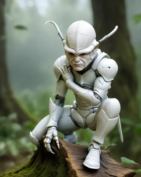 bald insect with goatee, white eyes, white plaster texture, sitting on tree stump, hand under chin, elbow on knee, soft lighting, extreme detail, HD, sculpture, low contrast,  insect man warrior, insects castle in the background, photorealistic, cinematic ...