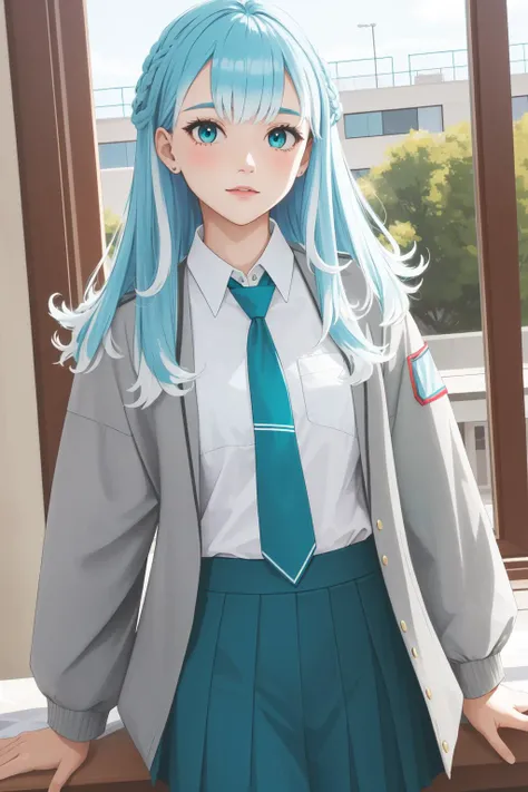 anime girl with blue hair and a gray jacket and tie