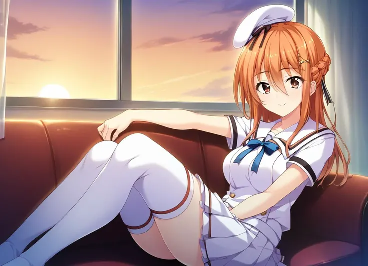 anime girl sitting on a couch with her legs crossed