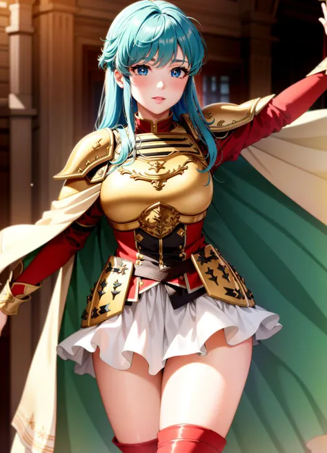 Eirika, 1girl, solo, masterpiece, anime, 4k, blue hair, extremely detailed skin, extremely detailed hair, extremely detailed pupils, glossy skin, glossy lips, real lips, pink lips, red dress, white skirt, red leggins, ultra detailed face, smile:1.2, blushi...