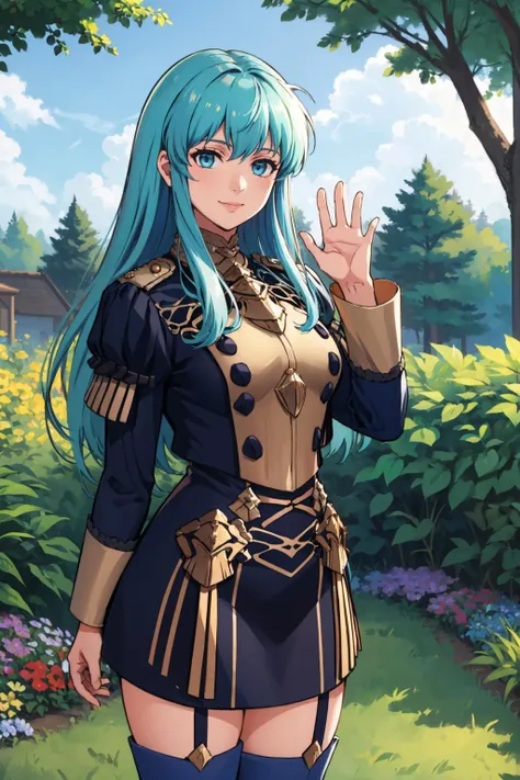 masterpiece, best quality,  <lora:gmuniform-nvwls-v1:1> gmuniform, blue thighhighs  <lora:Eirika_FE-15:0.8> eirika fe, garden, standing, cowboy shot, smile, hands to hips, waving