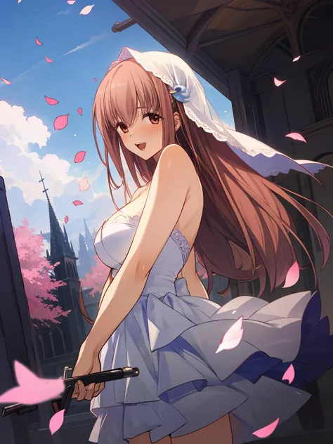 masterpiece,best quality,highres,cinematic lighting,dramatic angle,1girl,<lora:PuellaMagaLuciferOukaV2-000012:0.8>,1girl,Ouka,pink eyes,long hair,brown hair,looking at viewer,veil,long white wedding dress,large breasts,bare shoulders,lens flare,holding a b...