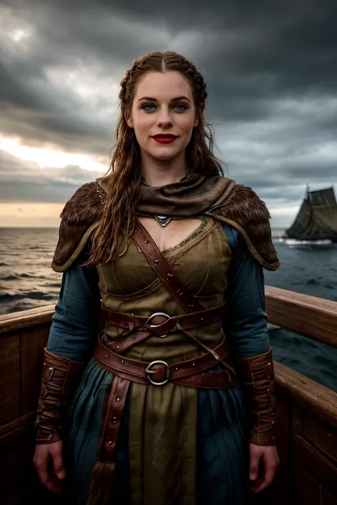 Professional photograph of JDG Woman, d&d fantasy setting, (((full body shot))) as a viking warrior, wearing leather armor, braided hair, (full viking outfit). Shes a norse raider, standing at the prow of a viking longship, looking at the viewer, smiling, ...