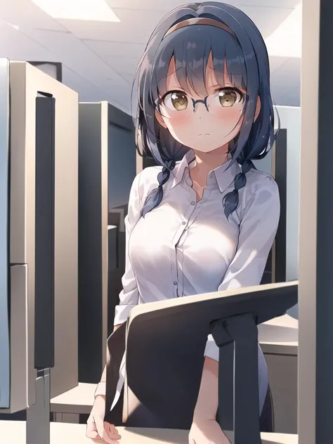 masterpiece, best quality, (1girl:1.2), solo, medium breasts, furutani_himawari, blue hair, brown eyes, hairband, medium hair, low twin braids, hair intakes, square glasses, office lady, office, serious, closed mouth, slutery, horny, takahero <lora:C_furut...