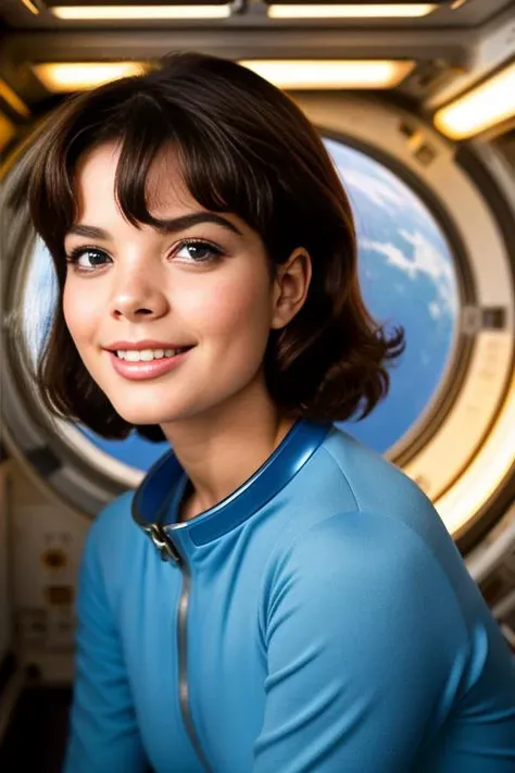 UshGl4TTXV1A, 
a beautiful smiling woman posing for masterpiece photo in a space suit, (space station interior ambience:1.3), (female astrounaut),
(Hasselblad X1D II Digital), (professional photo shooting), (model pose), (highly detailed facial features), ...