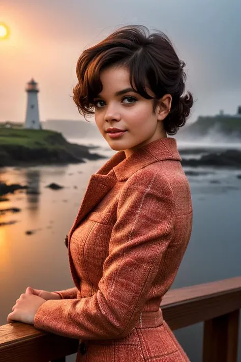 UshGl4TTXV1A, 
a beautiful woman posing for masterpiece photo, wears red-colored tweed dress, stands at the edge of a fog-shrouded dock, their silhouette outlined against the flickering glow of a distant lighthouse, (stormy weather:1.2), (foggy night ambie...