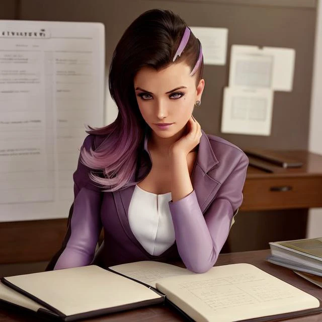 <lora:Wrise_Sombra:0.8> 
a woman in a business suit and high heels sitting on a desk with a binder and a notebook, sophisticated, a stock photo, arabesque