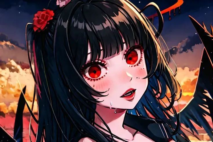 anime girl with red eyes and black hair with a red rose in her hair