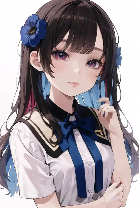 anime girl with long hair and blue bow tie posing for a picture