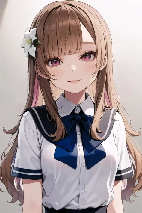 anime girl with long hair and a white shirt and blue bow