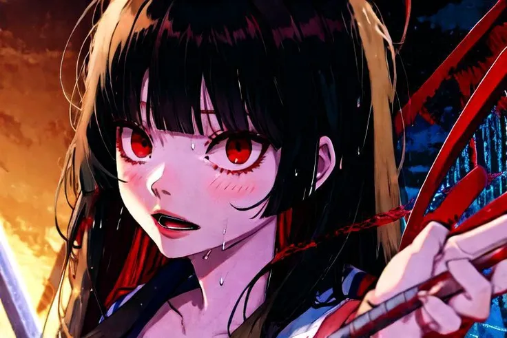 anime girl with red eyes holding a knife in her hand