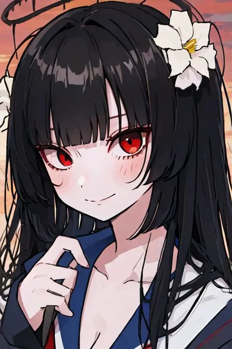 anime girl with long black hair and red eyes with a flower in her hair