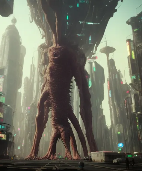 a huge naked female mutated horrifying creature thing in a cyberpunk city, wide shot, cinematic lighting