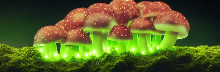 mdjrny-v4 style, science photography, (bioluminescent wild mushrooms), on a mossy log, at night, neon highlights, (intricate details:1.12), hdr, (hyperdetailed:1.15), (hyperrealism, sharp:1.2), best artwork, beautiful composition, trending on artstation, a...