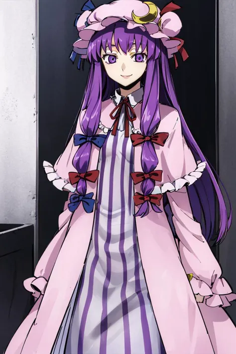 codeGeass <lora:codeGeass_offset:1>,
patchouli knowledge, 1girl, dress, (purple hair, purple eyes:1), long hair, mob cap, crescent hat ornament, ribbon, dress, <lora:patchouli:0.9>, smile,