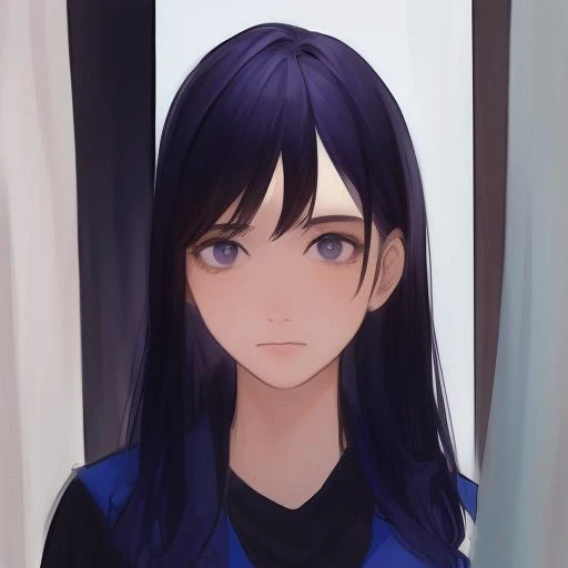 anime girl with long black hair and blue shirt looking at camera