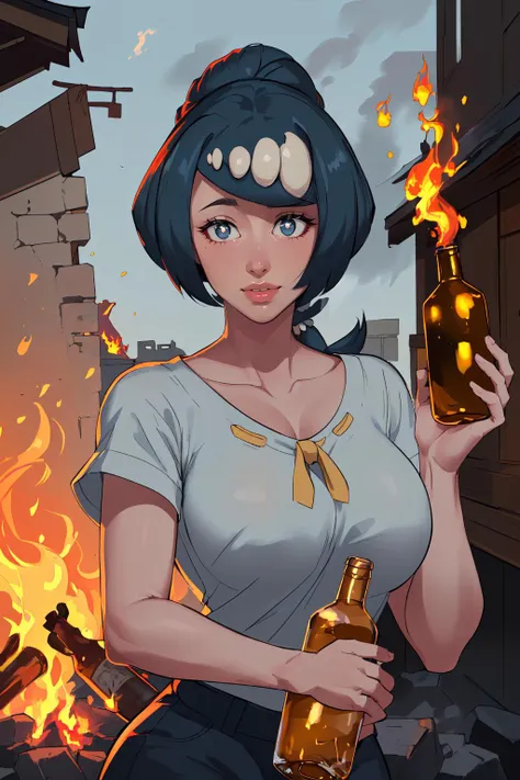 a woman holding a bottle of beer in front of a fire