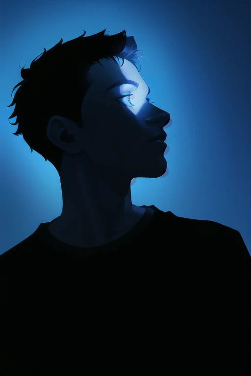 1boy, male focus, boys, yaoi, solo, looking at the view, gloomy, short hair, black hair, blue eyes, t-shirt, dark theme, blue theme, spotlight, silhouette, simple background, best aesthetics, absurdres, year 2024