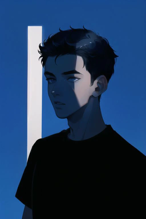 1boy, male focus, boys, yaoi, solo, looking at the view, gloomy, short hair, black hair, blue eyes, t-shirt, dark theme, blue theme, spotlight, silhouette, simple background, best aesthetics, absurdres, year 2024