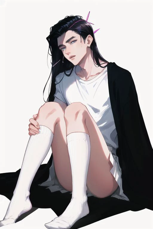 1boy, male focus, boys, yaoi, solo, looking at the view, femboy, long hair, black hair, white top, pink skirt, white knee socks, blue eyes, hairpins, simple background, dark theme, best aesthetics, absurdres, year 2024