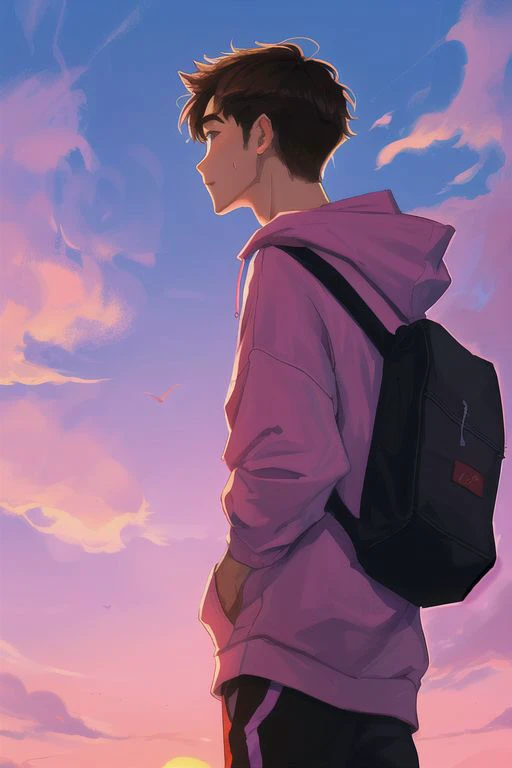 1boy, male focus, yaoi, solo, sunset in the background, sky, clouds, red-pink-purple sky, brown hair, shirt hair, hoodie, black sweatpants, a backpack is hanging on his back, look away, year 2024