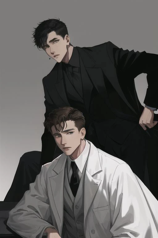 2boys, male focus, boys, yaoi, doctor, brown hair, brown eyes, white medical coat, mafia boss, black hair, gray eyes, rich black suit, simple background, dark theme, best aesthetics, absurdres, year 2024