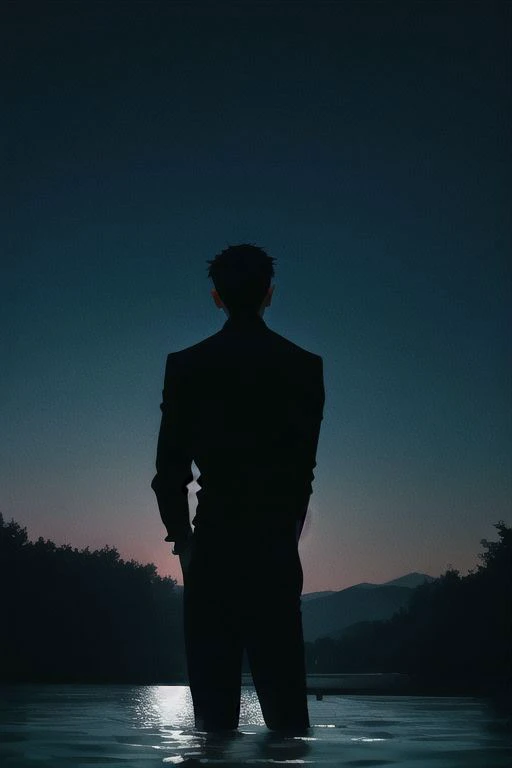 a man standing in the water at night with his back to the camera