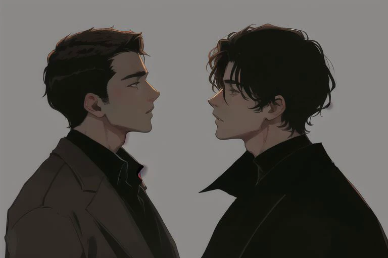 2boys, male focus, boys, yaoi, imminent kiss, doctor, brown hair, brown eyes, medical coat, mafia boss, black circle hair, gray eyes, rich black suit, simple background, dark theme, best aesthetics, absurdres, year 2024