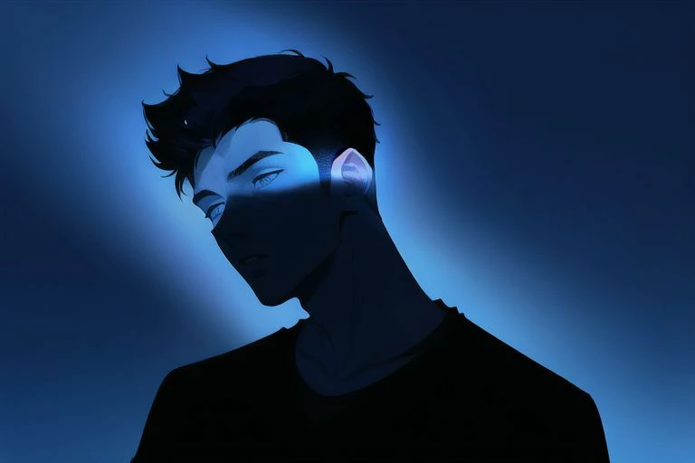 1boy, male focus, boys, yaoi, solo, looking at the view, gloomy, short hair, black hair, blue eyes, t-shirt, dark theme, blue theme, spotlight, silhouette, simple background, best aesthetics, absurdres, year 2024