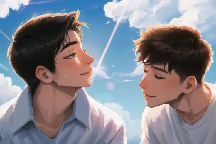 two young men are looking at each other in the sky