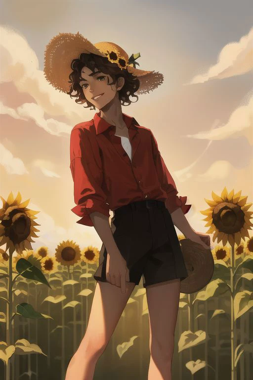 1boy, male focus, boys, yaoi, solo, handsome, portrait, looking at the view, standing, standing in the middle of sunflowers, a field with sunflowers, a hat on my head made of straw, a red shirt, a shirt slightly opens the neckline, a shirt unbuttoned with ...